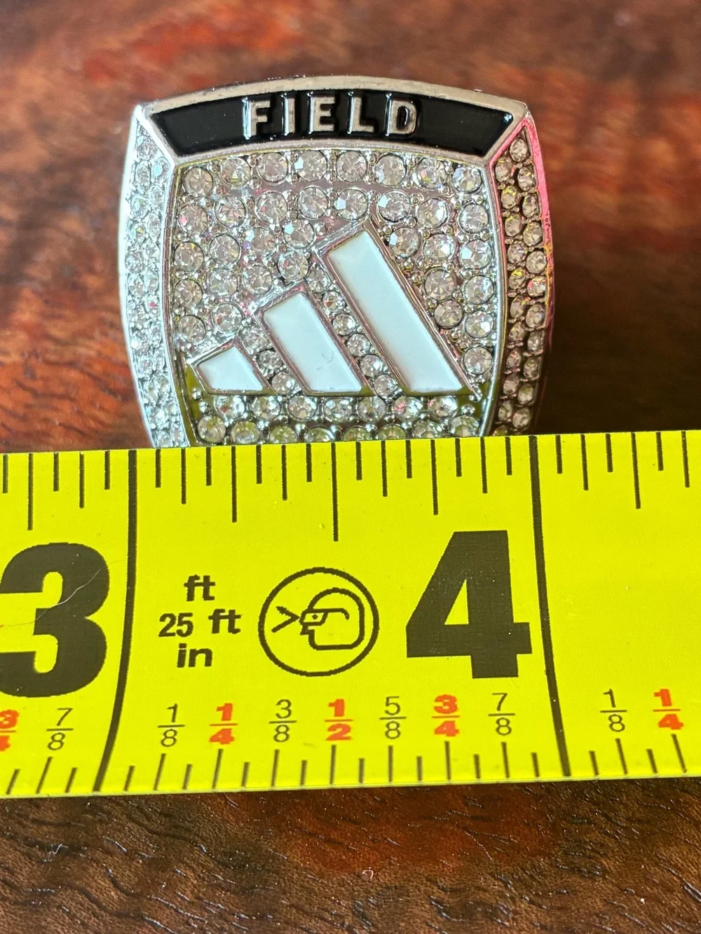adidas Silver Tone Crystal Logo Ring with White Enamel Accents